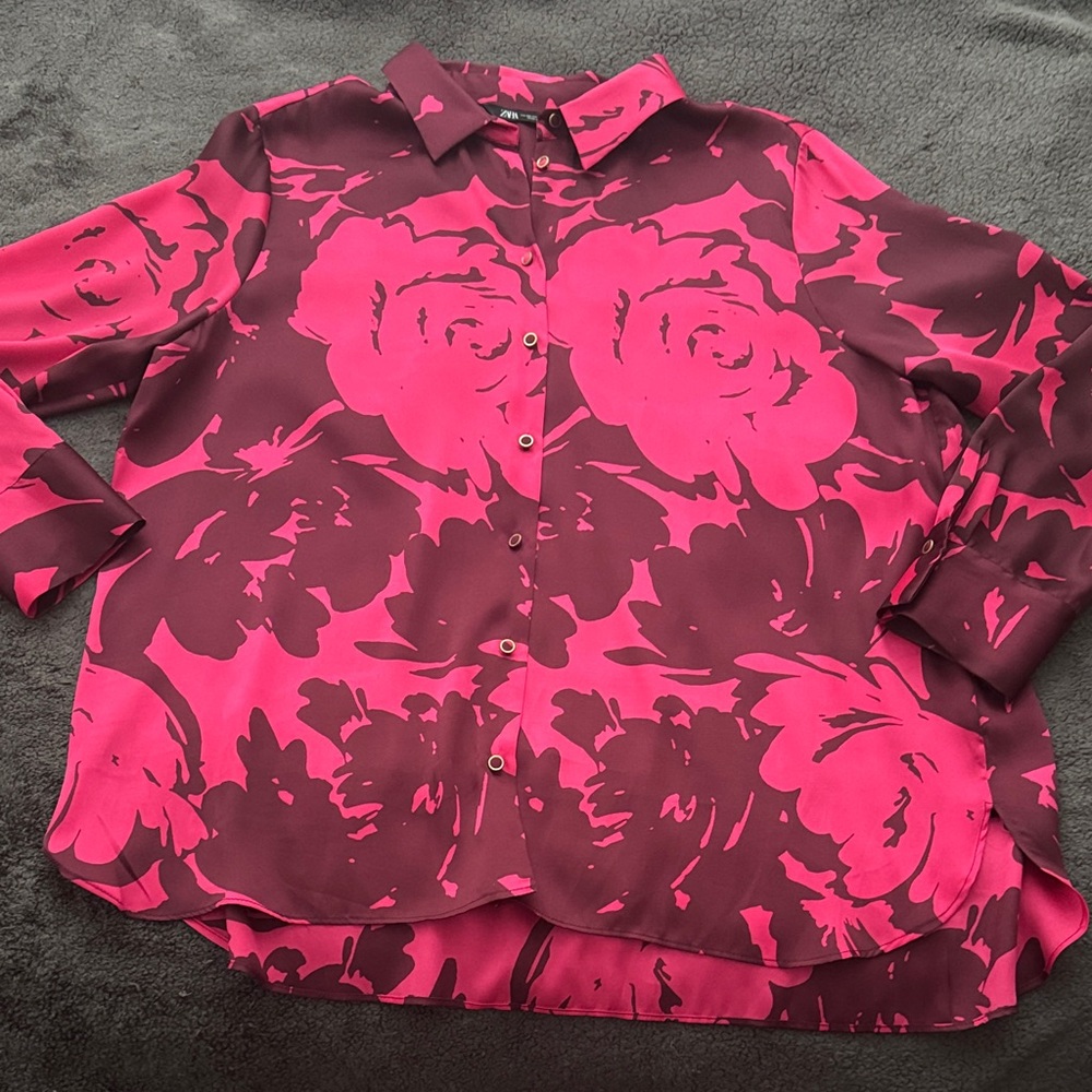 Zara Floral Pink and Brown Women's Top Like New XXL